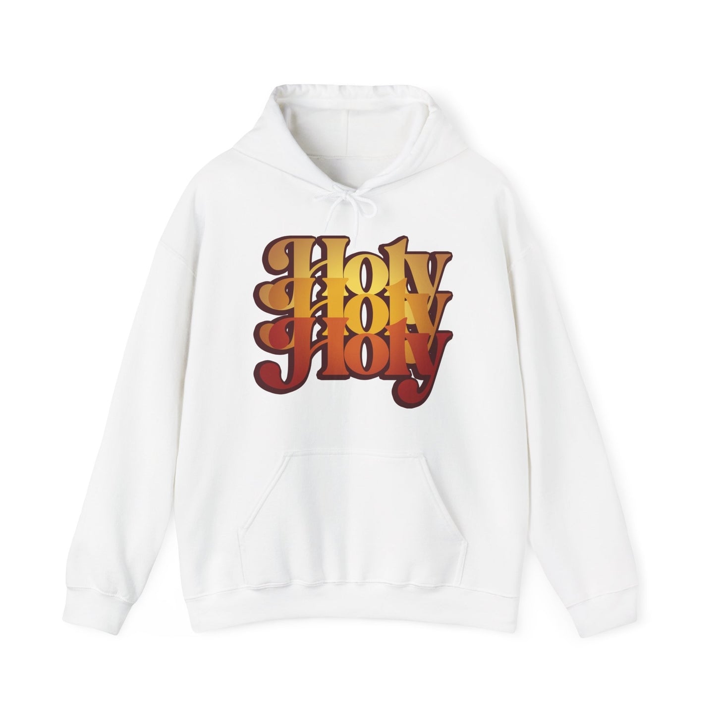 White "Holy Holy Holy Trisagion Liturgical Prayer 70s Style" hoodie featuring bold, gradient brown and yellow text inspired by Isaiah 6 and Orthodox Christian tradition.