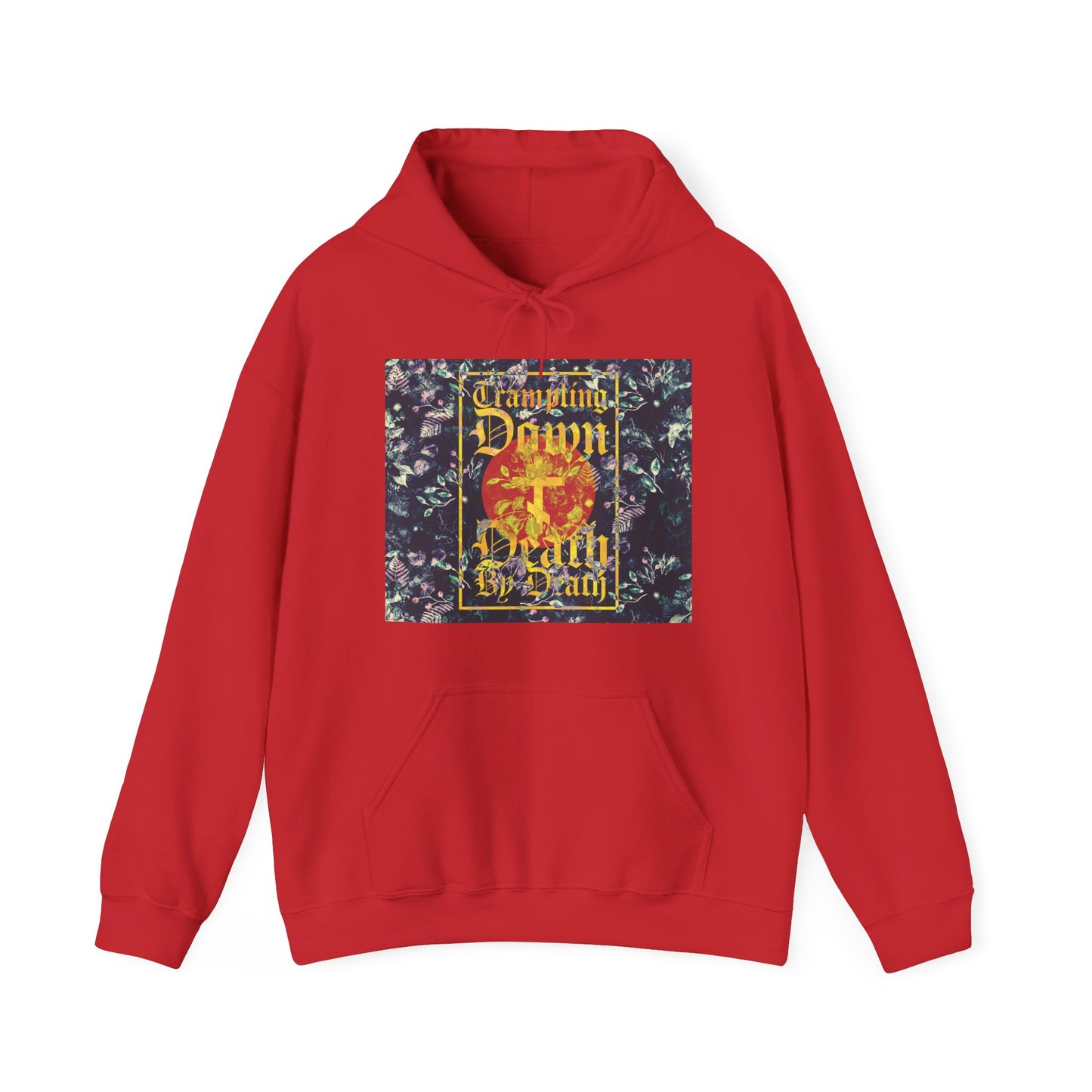 Trampling Down Death By Death | Paschal Floral Design with Gothic Script and Three-Bar Cross | Orthodox Christian Hoodie