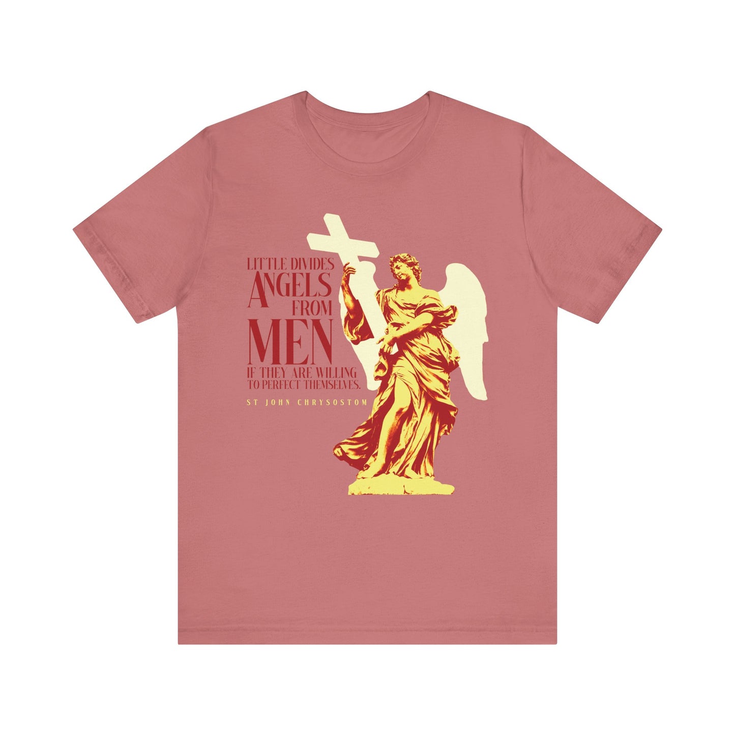 Mauve unisex cotton tee featuring St. John Chrysostom’s quote, "Little divides angels from men if they are willing to perfect themselves," celebrating Orthodox Christian virtue and human potential.