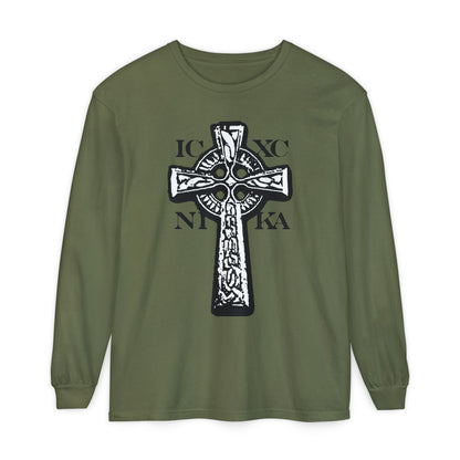 Hemp long-sleeve shirt featuring a black and white ICXC NIKA Celtic Knotwork Cross on a red background, symbolizing “Jesus Christ Conquers.” A traditional Orthodox Christian design expressing faith and salvation.