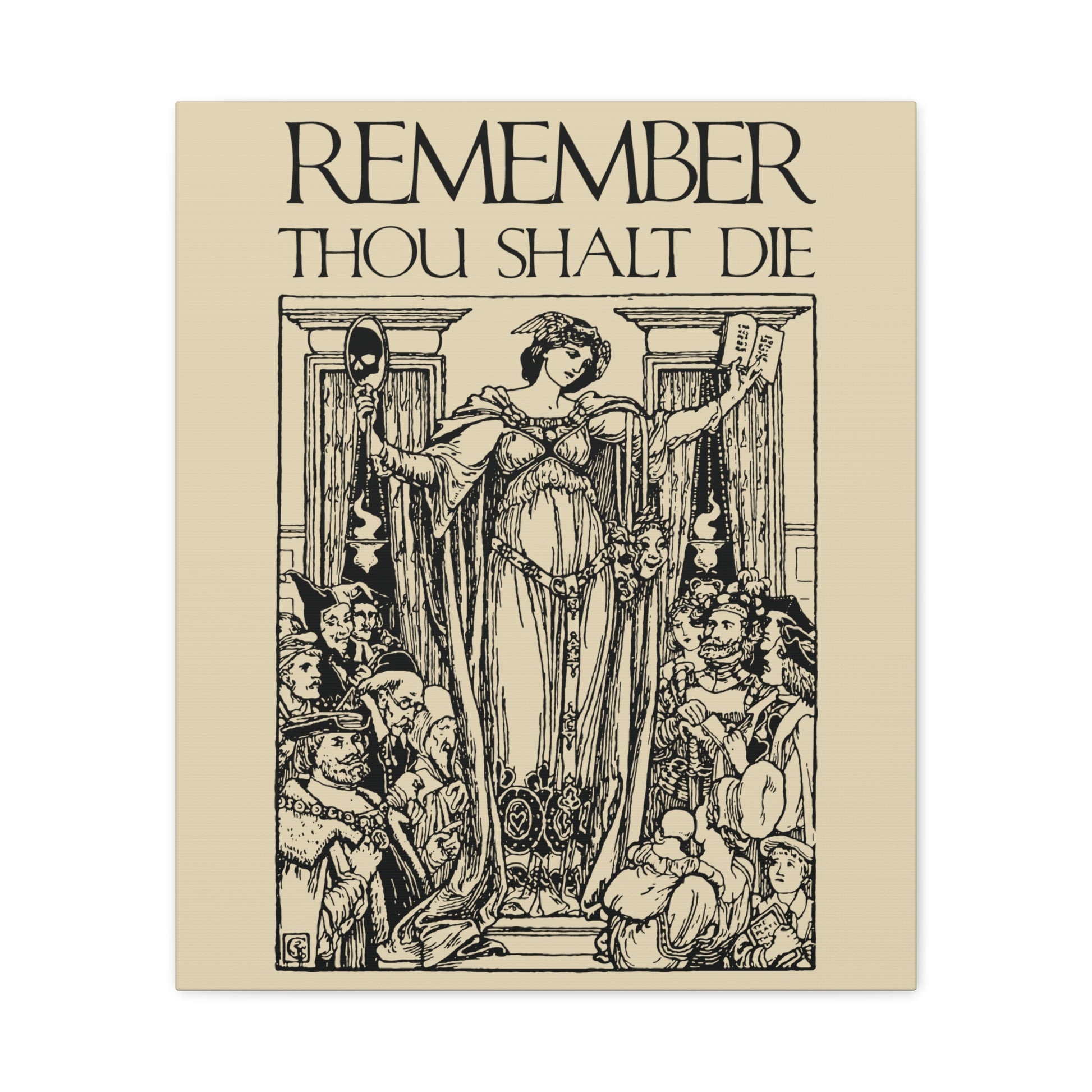 Remember You Will Die Shakespearean Design—Memento Mori Christian Wall Art with classic woodcut illustration, featuring a masked woman and book, inspired by St. Ephraim’s reflections on mortality.