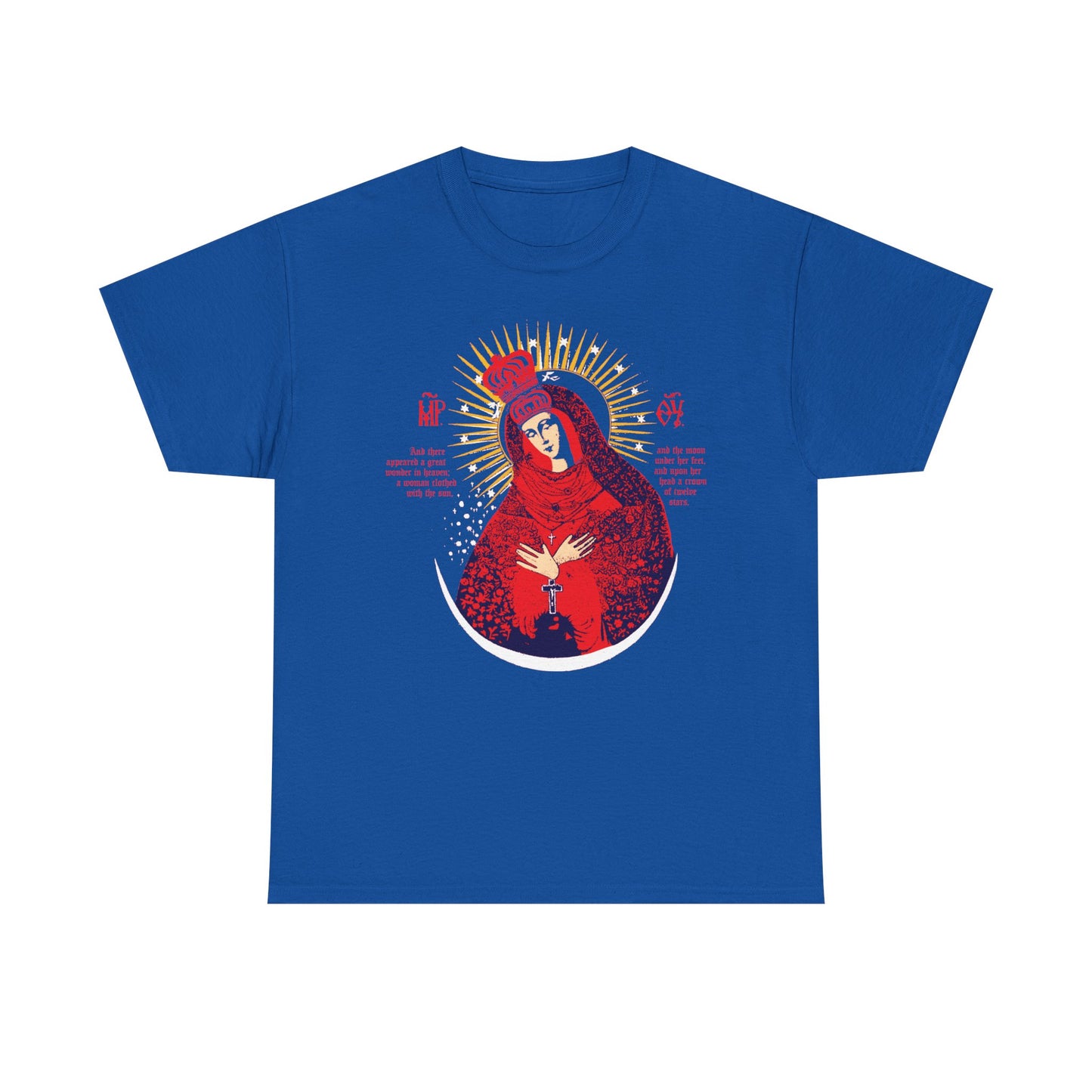 Royal blue heavy cotton t-shirt featuring the "Our Lady the Gate of Dawn Icono-Graphic" design: a saintly woman with halo, hands to chest, in red, blue & gold. Inspired by Vilnius's renowned icon. Christian-themed and vibrant.