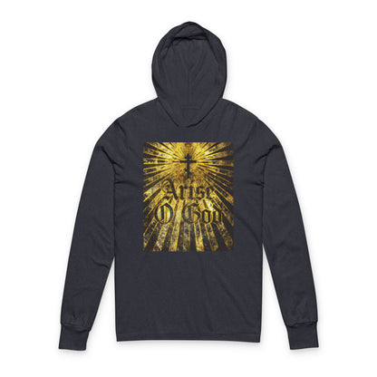 Heather navy hoodie featuring "Arise O God" in textured Gothic font with Orthodox cross and golden rays—a bold nod to the Divine Council worldview from Psalm 81 (82 LXX). Orthodox Christian hooded shirt.