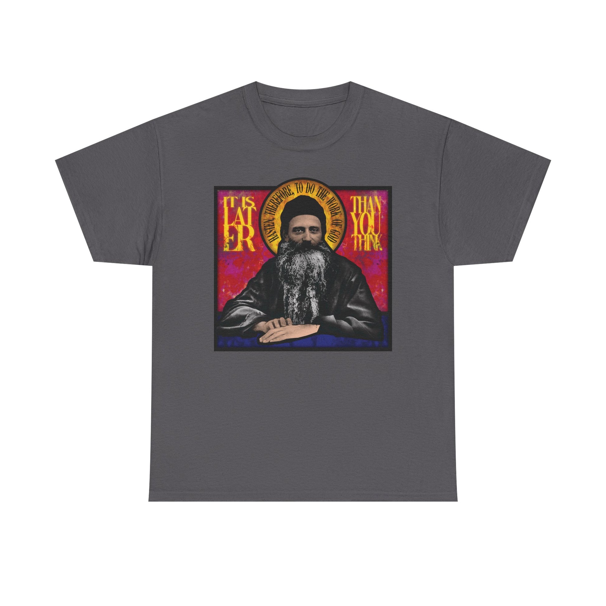 Charcoal midweight cotton unisex t-shirt featuring a stained glass design of Fr. Seraphim Rose—a revered American Orthodox monastic saint—with bold yellow "It Is Later Than You Think" text, offering a subtle reminder of salvation and the promise of the Kingdom of Heaven.