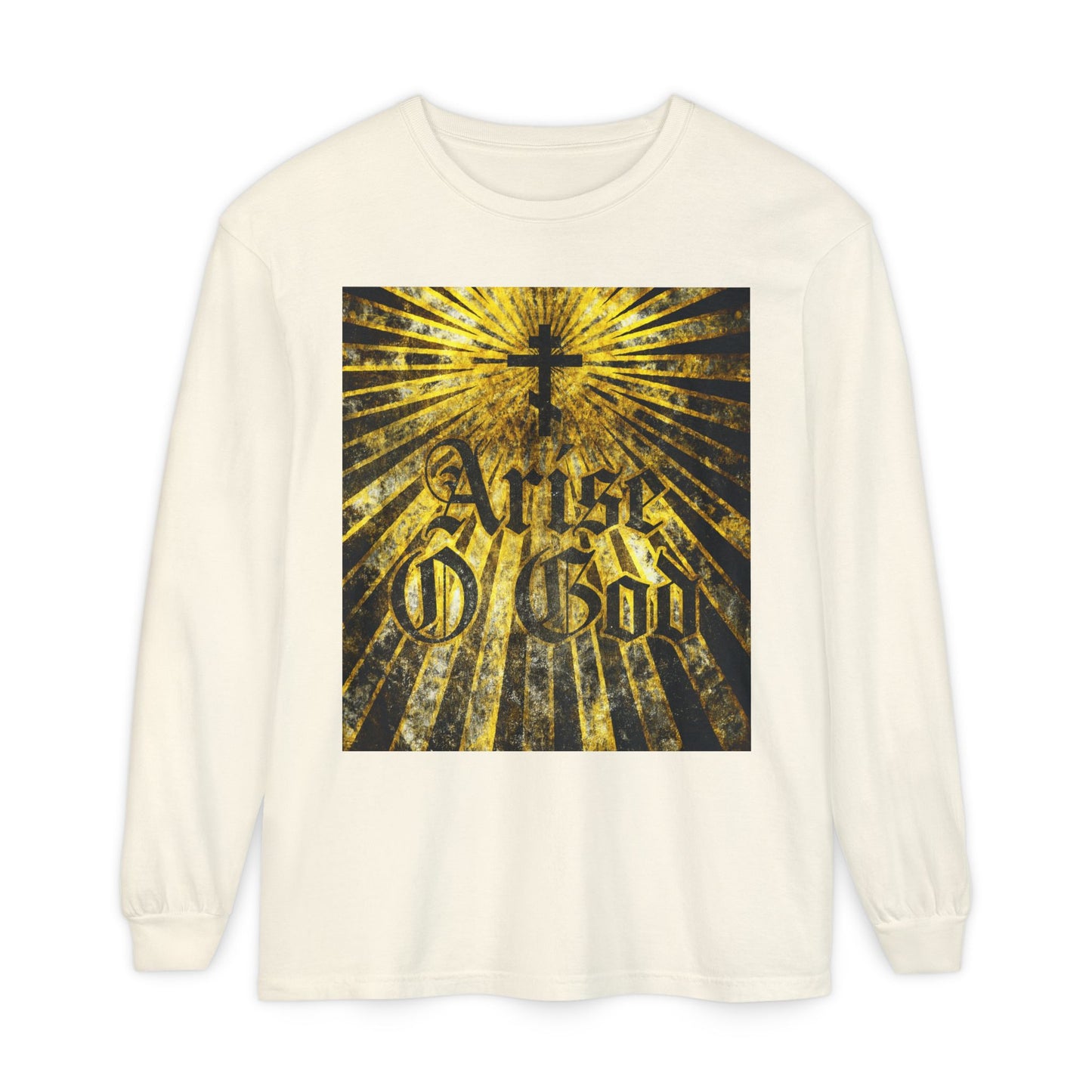 Ivory long sleeve with "Arise O God" in textured Gothic font, Orthodox cross, and golden rays—Orthodox Christian design inspired by Psalm 81 (82 LXX) and the divine council worldview.