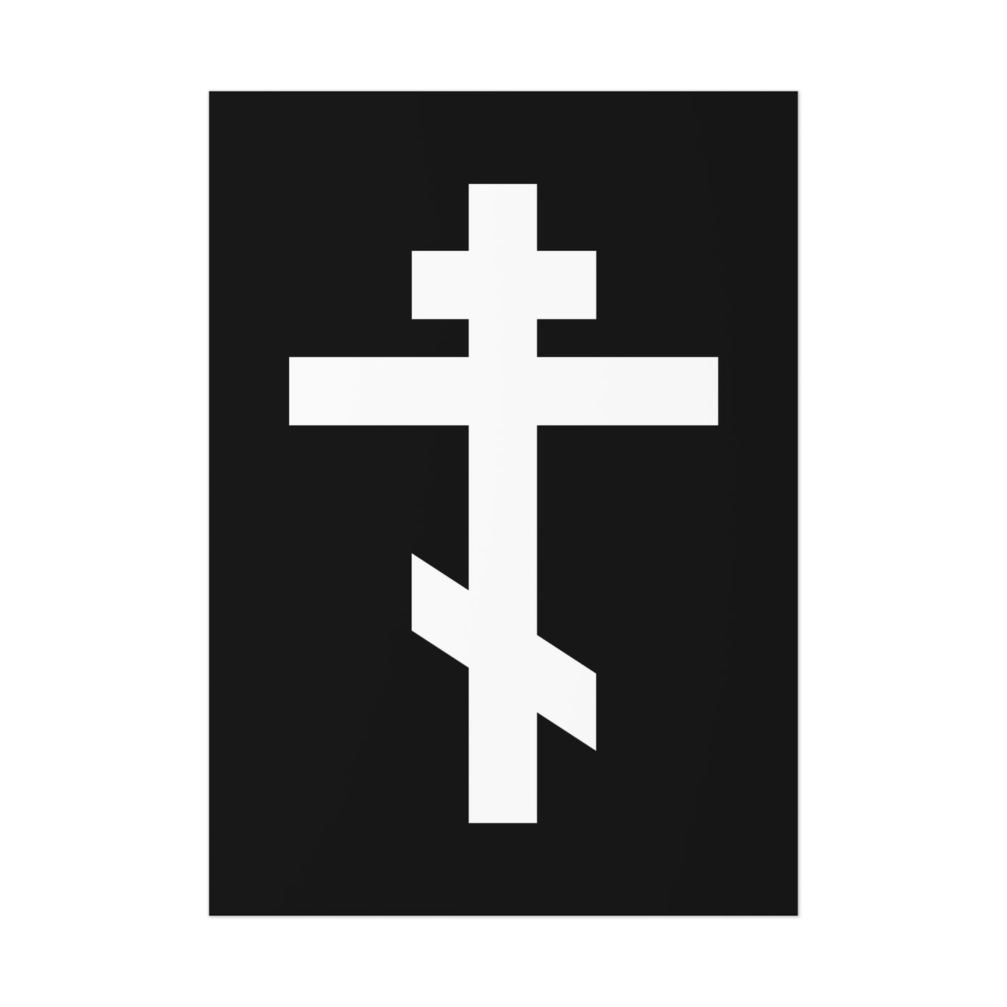 The White Orthodox Cross poster features the central Christian symbol on black, with Galatians 6:14: "May I never boast, except in the cross of our Lord Jesus Christ." A striking piece of Orthodox art for reflection and inspiration.