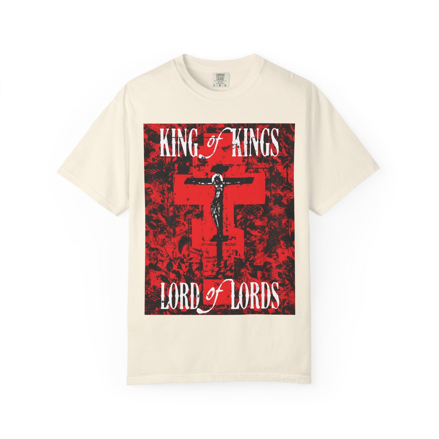King of Kings, Lord of Lords | Christ Crucified Icono-Graphic | Red Cross Nature Texture w/ White Text | Heavyweight Cotton Unisex Tee