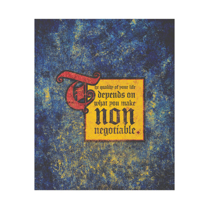 Text art from “The Quality of Your Life Depends on What You Make Non-Negotiable” poster features a motivational message on a blue and yellow background, inspiring uncompromising Christian living through Orthodox Christian art.