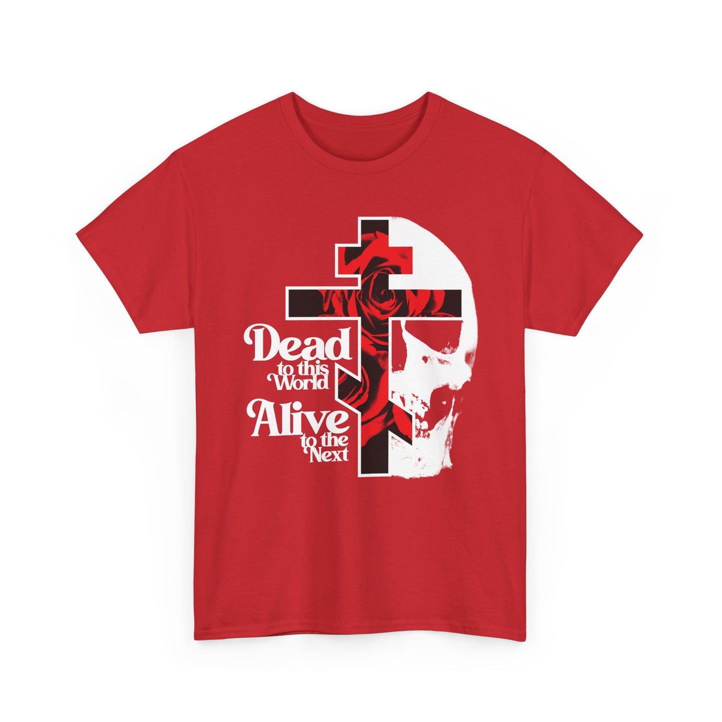 Dead to this World Orthodox Christian t-shirt: features a cross, rose, and skull with bold 70s typography—symbolizing spiritual ascent and renunciation; bestselling heavy cotton goth design.