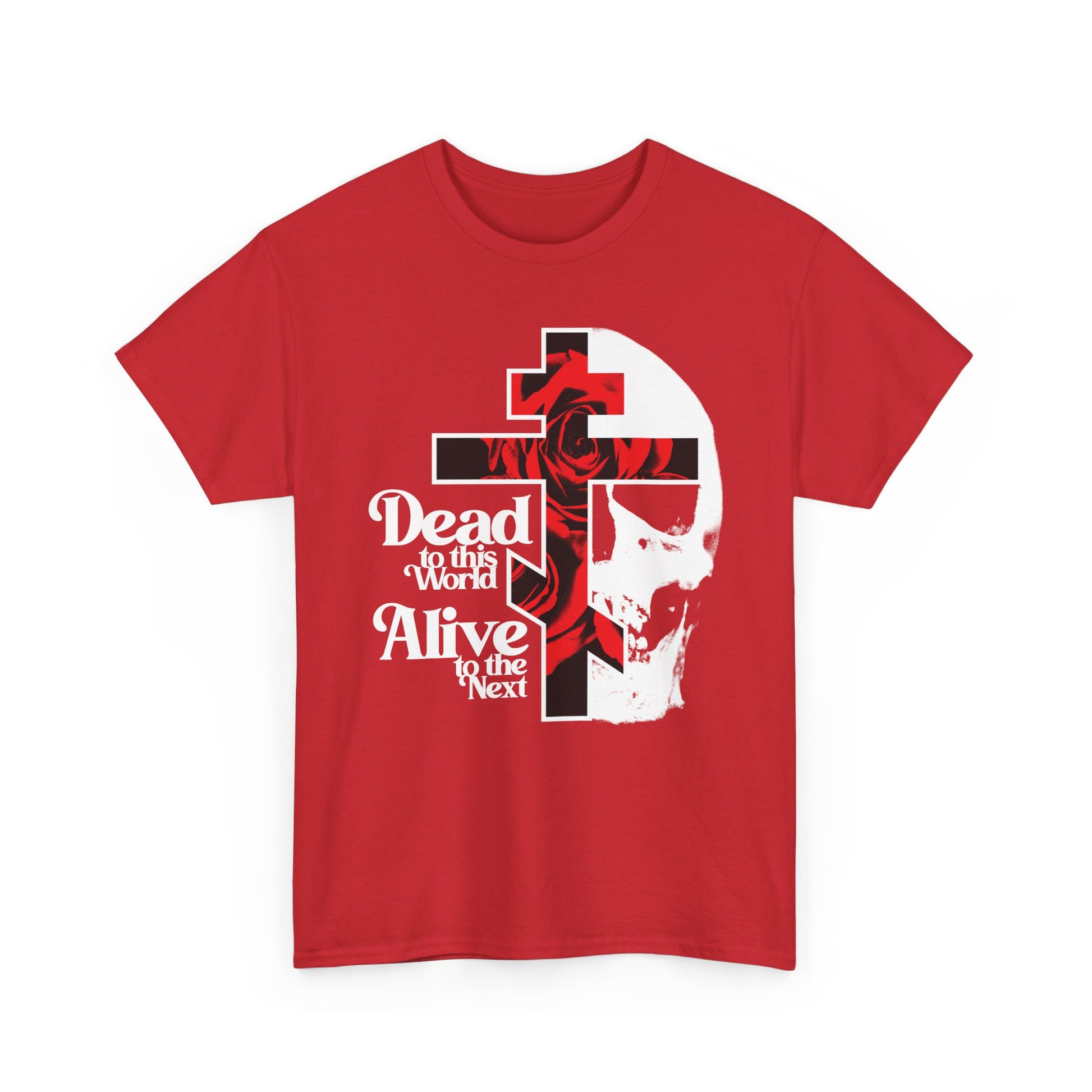 Dead to this World Orthodox Christian t-shirt: features a cross, rose, and skull with bold 70s typography—symbolizing spiritual ascent and renunciation; bestselling heavy cotton goth design.