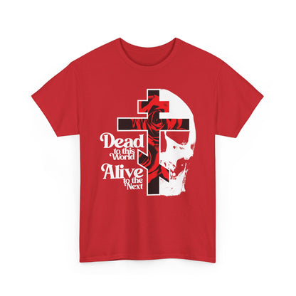 Dead to this World Orthodox Christian t-shirt: features a cross, rose, and skull with bold 70s typography—symbolizing spiritual ascent and renunciation; bestselling heavy cotton goth design.