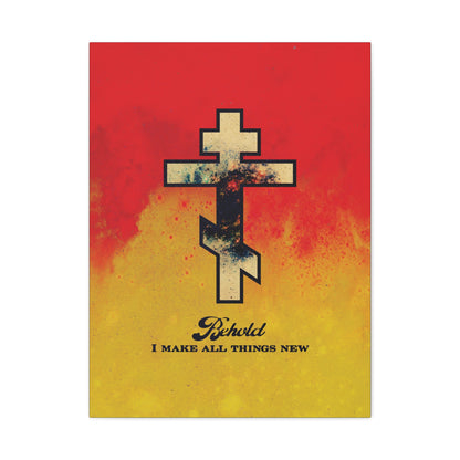 Behold, I Make All Things New (Revelation 21:5) | Cosmic Orthodox Cross on Red and Yellow Background | Orthodox Christian Canvas Art