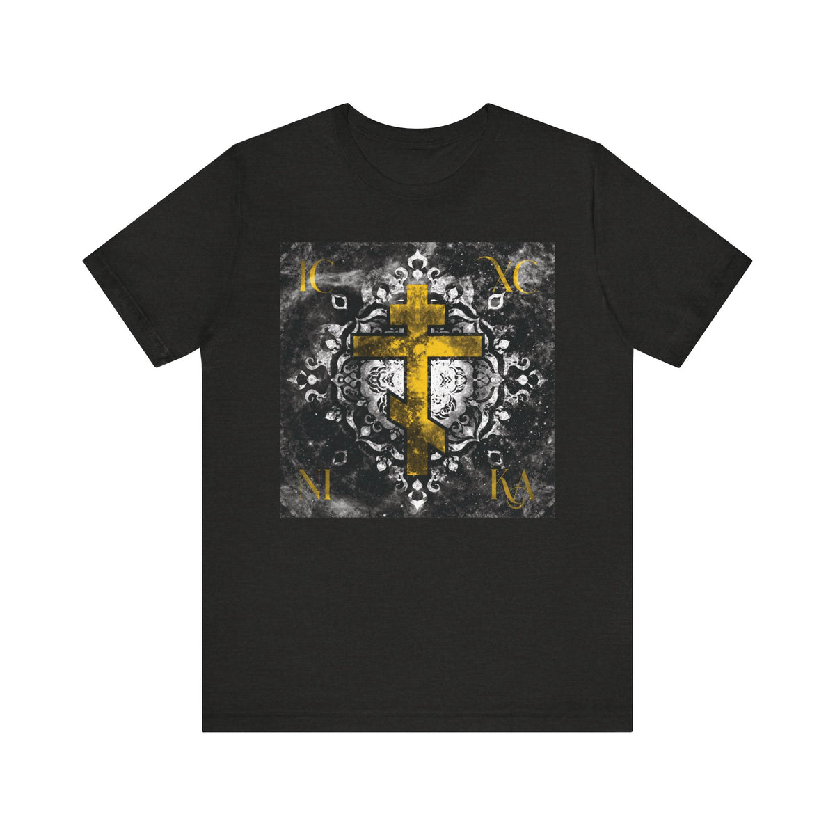 Gold ICXC NIKA Orthodox Cross on a grayscale ornate floral texture background, with yellow Cyrillic letters at the corners, featured on an Orthodox Christian lightweight cotton unisex tee. This black t-shirt is inspired by the themes of Jesus’ passion and Wednesday Matins, honoring Christ God in every detail.