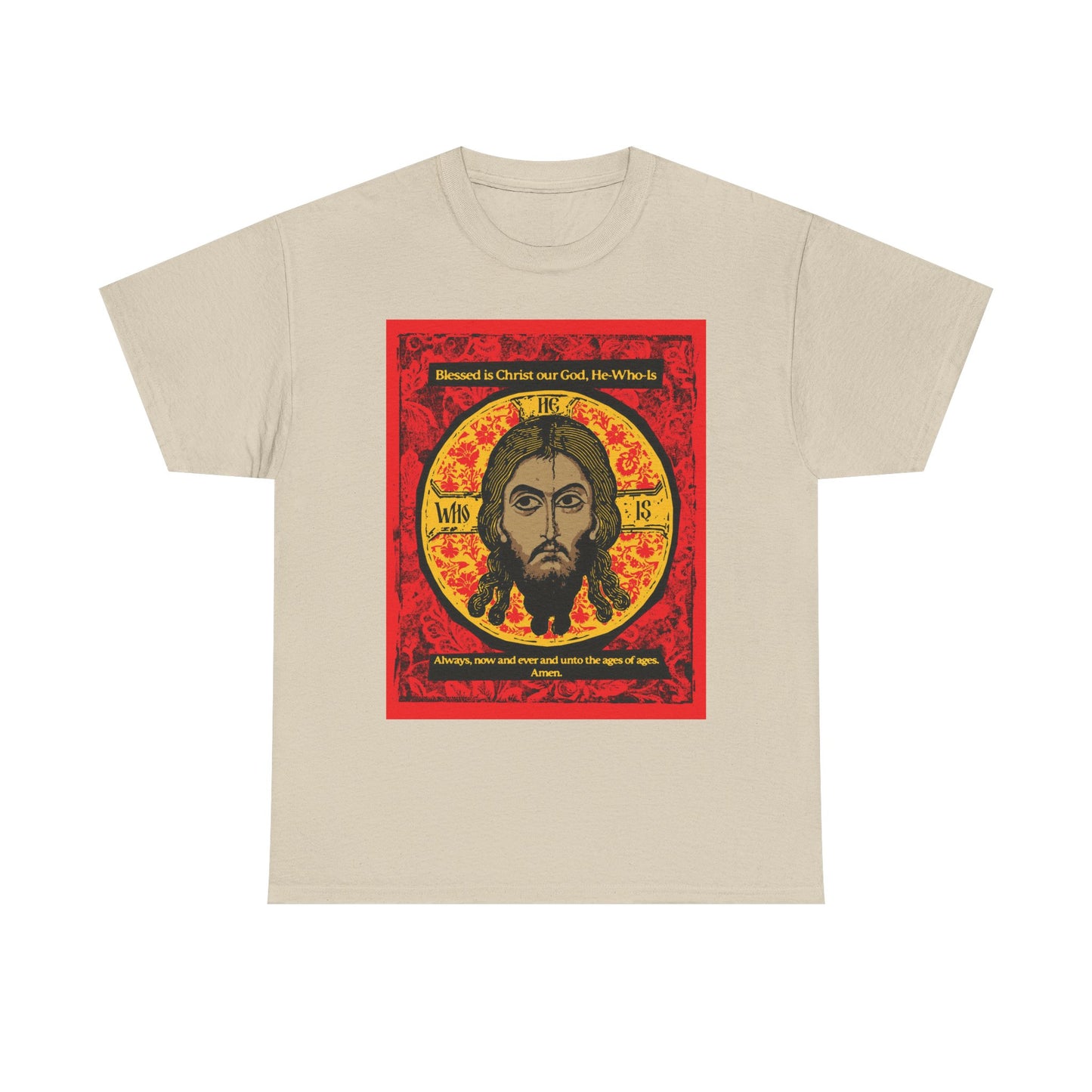 Sand-colored "Made Without Hands" (Mandylion) heavy cotton t-shirt featuring a graphic of Jesus Christ Orthodox icon with a red and gold border and Orthodox hymn text in Troparion Tone 2 above and below.