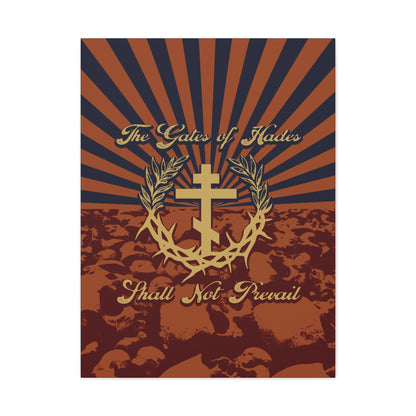 The Gates of Hades Shall Not Prevail | Cross with Wreath & Crown of Thorns | Skulls and Rays | Orthodox Christian Canvas Art