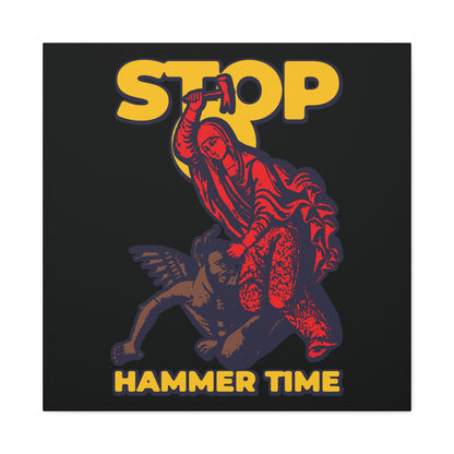 Illustration of St Marina of Antioch beating the devil with a hammer and the text STOP, HAMMER TIME in bold yellow letters – Modern Orthodox meme Christian wall art in red, blue, and yellow.