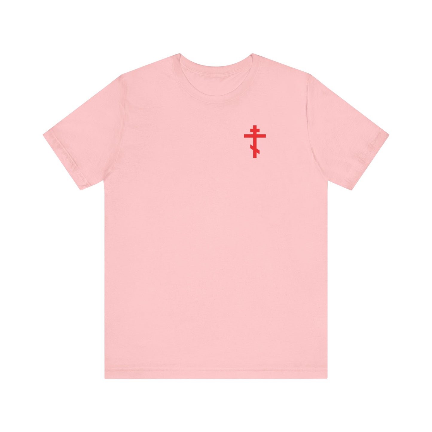 Pink unisex cotton tee featuring a red Orthodox cross on the front left chest and "Always Live In Remembrance of Death" with a crown of thorns design on the back, inspired by St John Climacus.