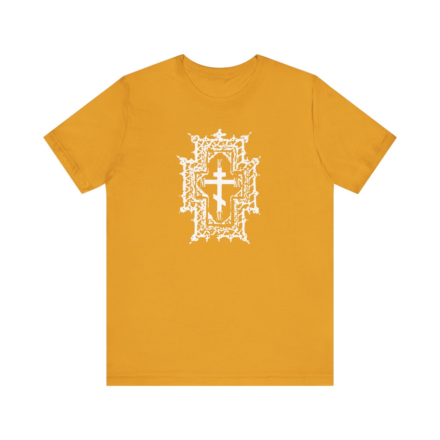Mustard ICXC NIKA tee with a Gothic Cathedral Style Orthodox Cross on the chest, inspired by Jesus Christ’s sufferings and “Healed By His Wounds.” Lightweight unisex cotton t-shirt.