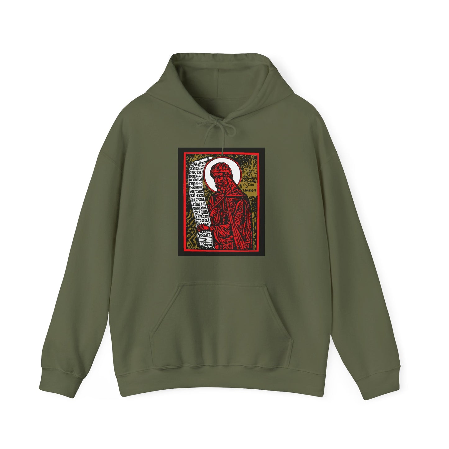 St. John of Damascus Icono-Graphic | Orthodox Christian Saint | Red Gold & Black High Contrast Design | Orthodox Christian Hoodie