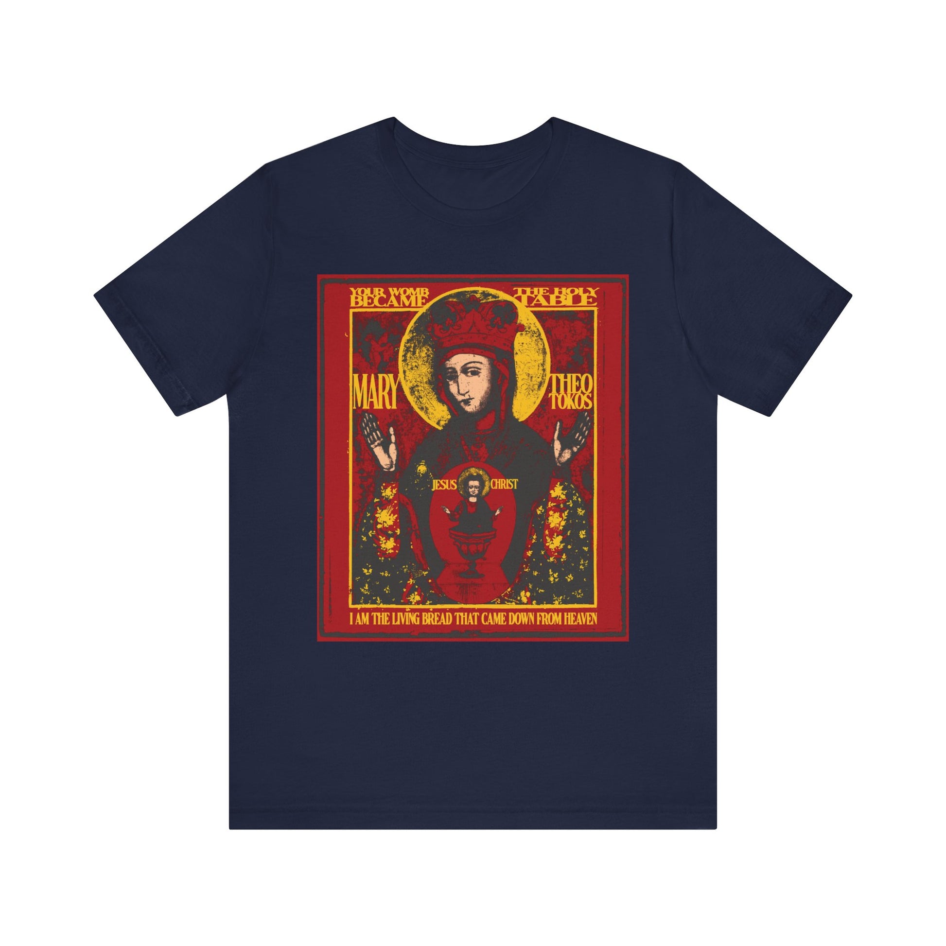 Navy "Mother of God of Nicaea Christ In Chalice" unisex tee featuring an ancient iconographic image of the Most Holy Theotokos in rich red and gold tones, with text reading "Most Holy Theotokos Save Us," inspired by Orthodox religious art.