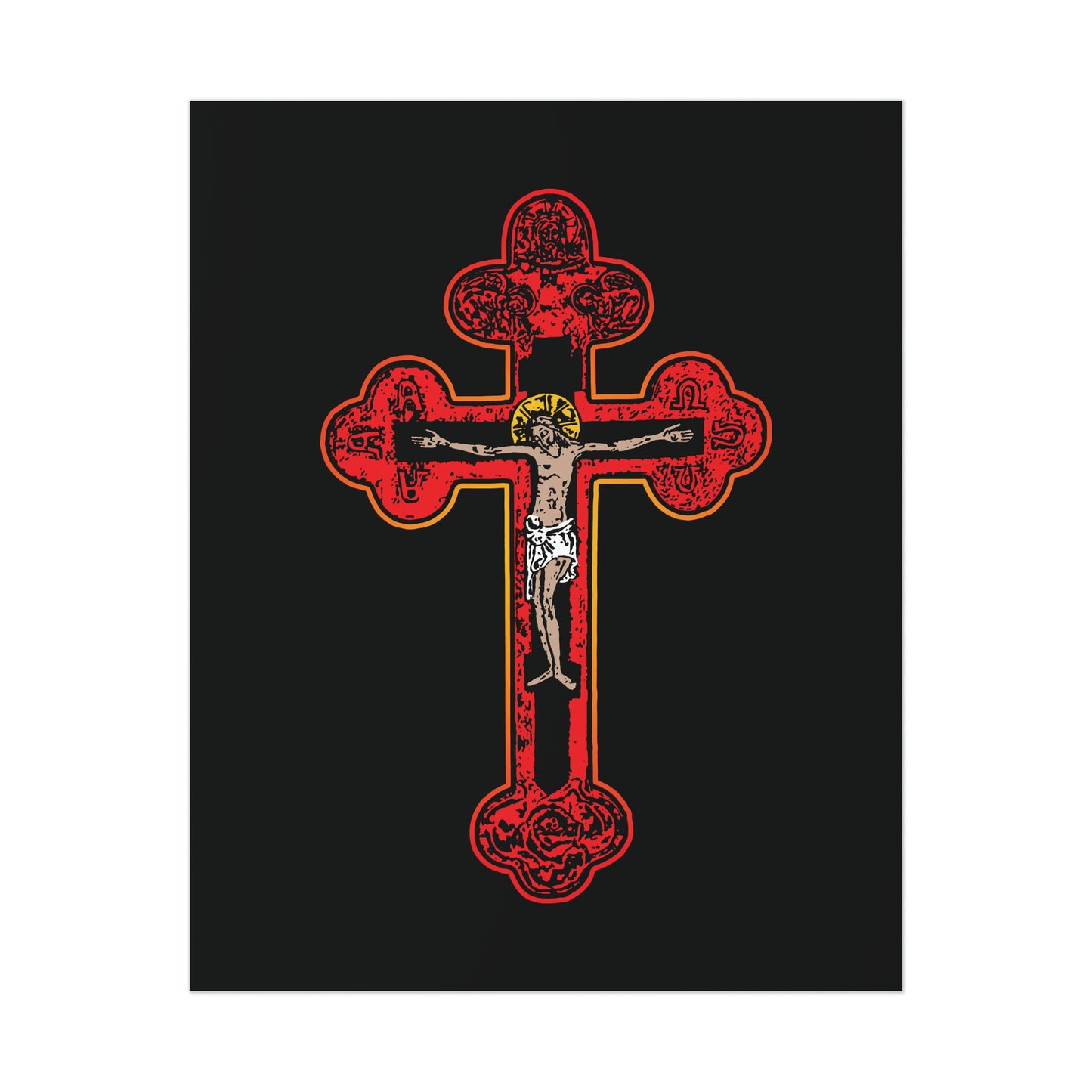 Red Orthodox Christian Crucifix | Byzantine Golgotha Cross | Alpha & Omega | I Am Crucified With Christ | Orthodox Art Poster