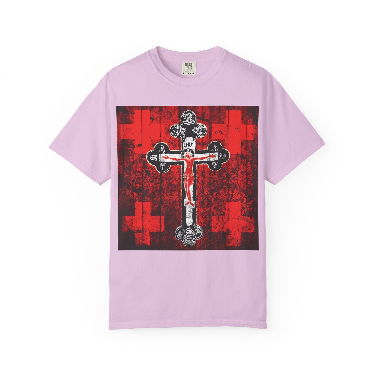 Orchid Alpha & Omega Art Cross t-shirt featuring a bold, ornate crucifix graphic with red, white, and black iconographic design elements, inspired by the Adoration of the Precious and Life-Giving Cross during Great Lent Vespers; a heavyweight cotton unisex tee.