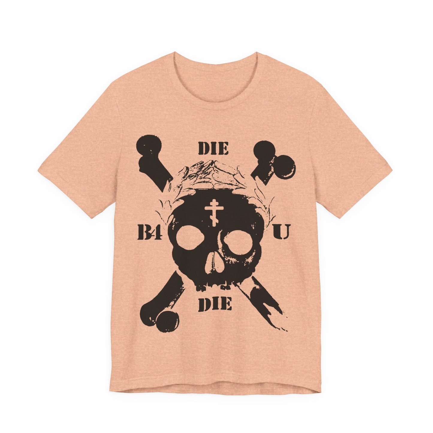The "Die Before You Die" ascetic Christian t-shirt in heather peach features a retro skull & crossbones with Orthodox cross and laurel wreath, embracing the memento mori message from Matthew 16:24-25 for a bold, thought-provoking look.