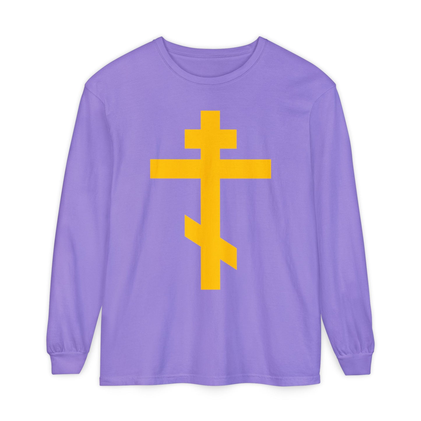 The Violet "Yellow Orthodox Cross | Precious and Life-Giving Weapon of Unseen Warfare" Christian cotton long sleeve shirt features a bold yellow Orthodox cross on the front, symbolizing faith and spiritual victory.