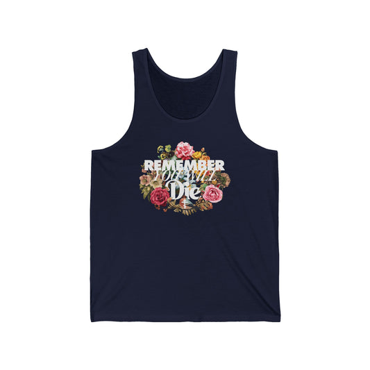 Navy “Remember You Will Die” tank top featuring classic typography, a cross, and floral wreath (front print). Memento Mori design inspired by Orthodox Christian teachings.