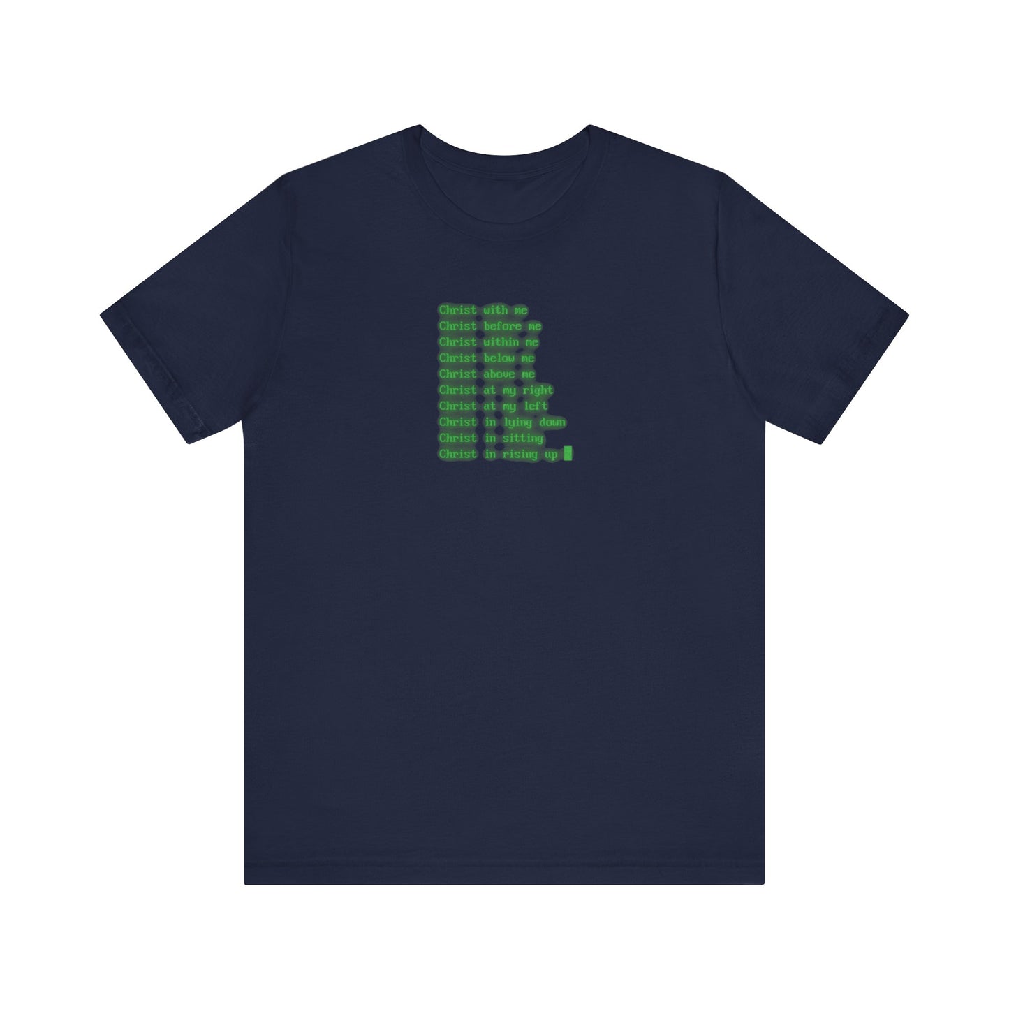 Navy Lorica of St Patrick t-shirt featuring glowing green retro computer CRT screen text inspired by Orthodox Christian themes of the Trinity and the Incarnation, printed in a vertical list on the front.