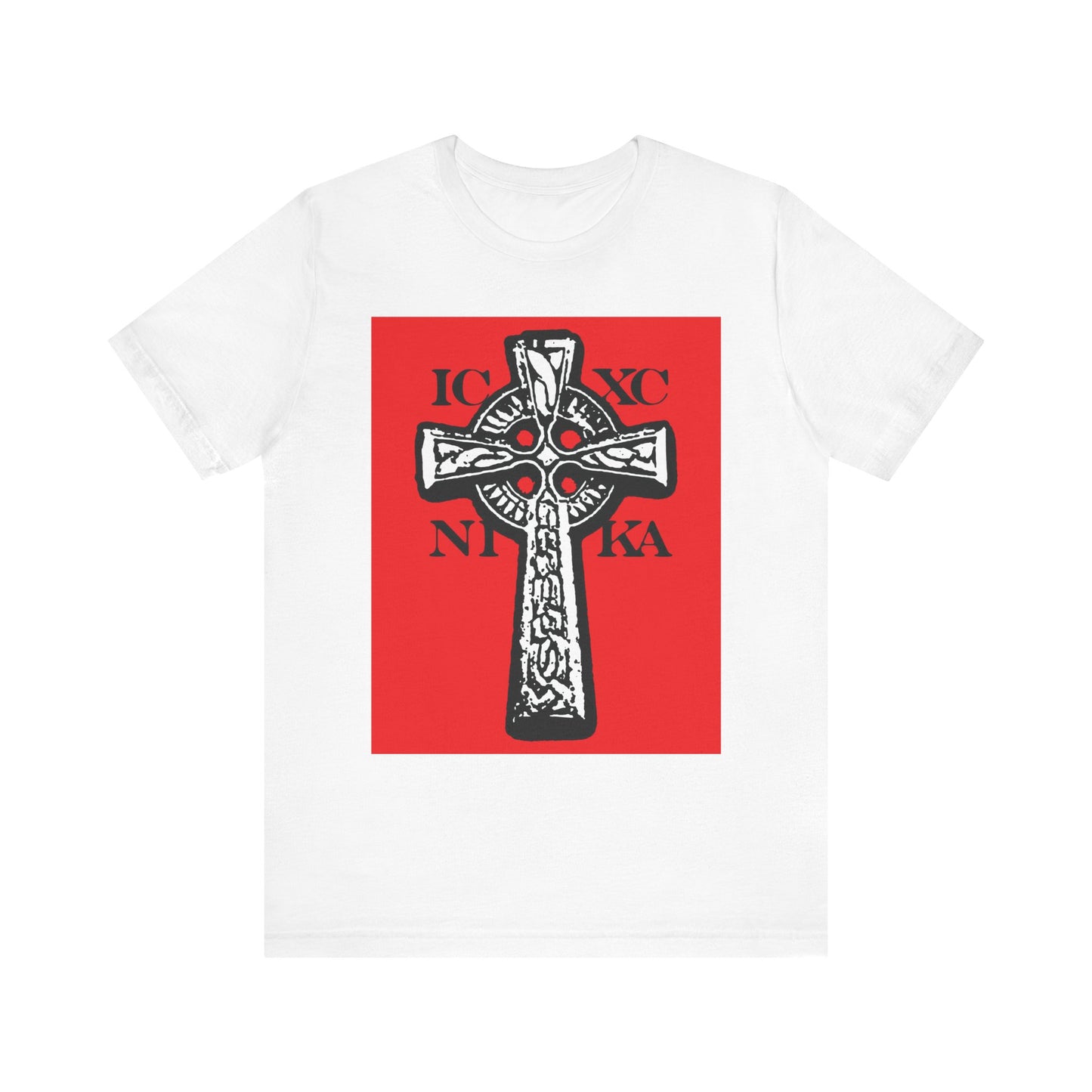 Experience the ICXC NIKA Celtic Knotwork Cross lightweight cotton t-shirt in white, featuring a striking black cross with intricate Celtic knotwork over a bold red background and Greek letters encircling the design—symbolizing Jesus Christ’s victory (“ICXC NIKA”) and the enduring strength of our Saviour’s Cross.