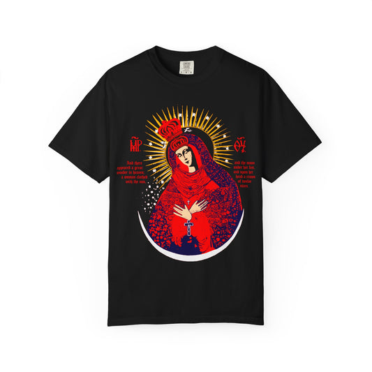 Black heavyweight cotton unisex tee featuring the "Our Lady the Gate of Dawn Icono-Graphic" in red, blue, and gold—Theotokos Crowned, Woman of the Apocalypse—honoring Vilnius icon traditions.