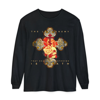 Remembrance of Death “The Final Enemy That Shall Be Destroyed Is Death (1 Cor 15:26)” long sleeve features a metallic gothic cross, rose, and skull design, inspired by scripture and Orthodox tradition.