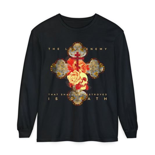 Remembrance of Death “The Final Enemy That Shall Be Destroyed Is Death (1 Cor 15:26)” long sleeve features a metallic gothic cross, rose, and skull design, inspired by scripture and Orthodox tradition.