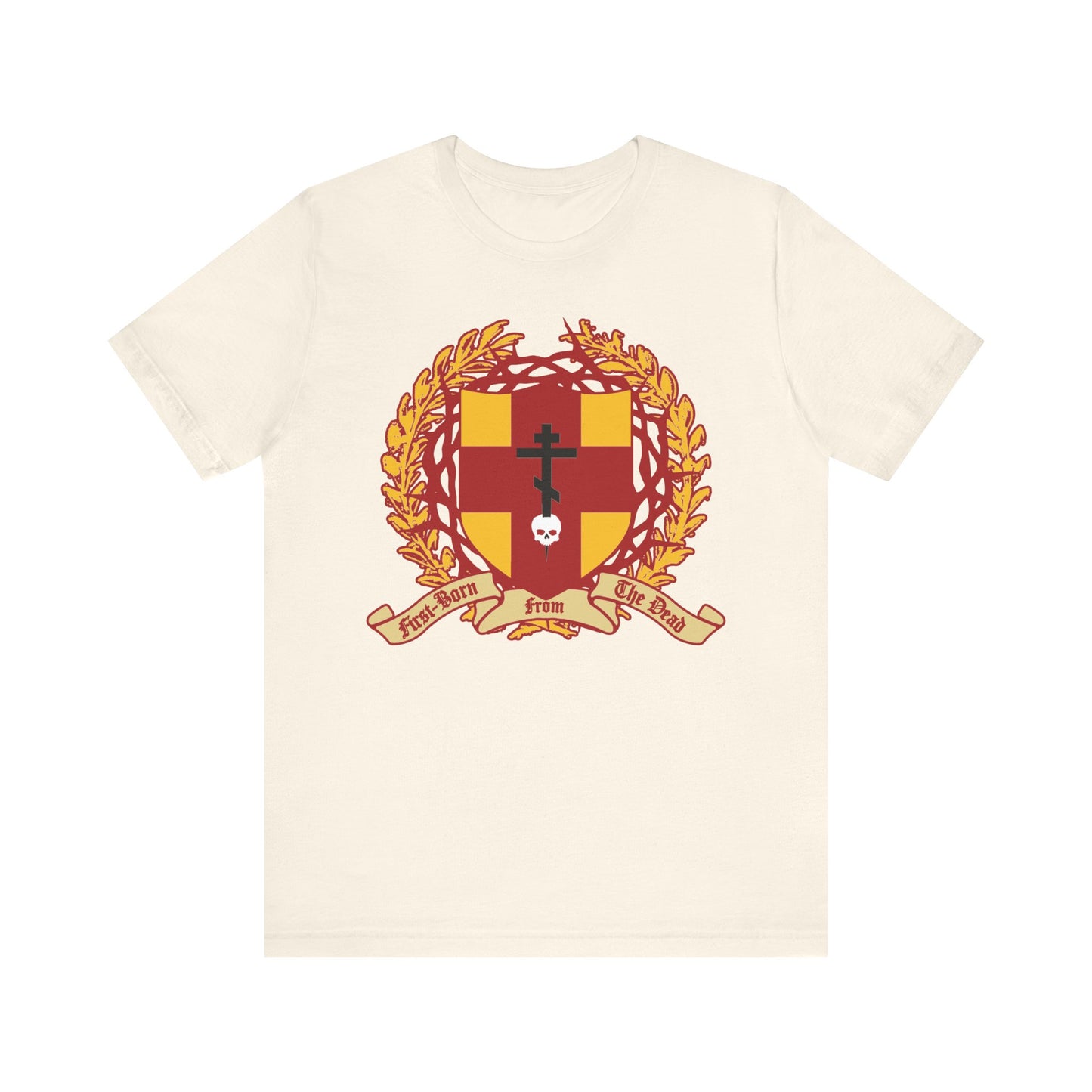 Natural-colored lightweight cotton unisex t-shirt featuring an Orthodox cross stabbing a skull, a heraldic shield with crown of thorns, and the banner "First-Born from the Dead (Col 1:18)".