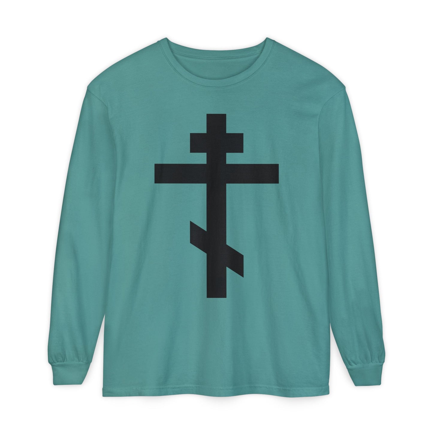 Seafoam long sleeve shirt with a large black Orthodox cross on the front, inspired by Galatians 6:14: "May I never boast, except in the cross of our Lord Jesus Christ.