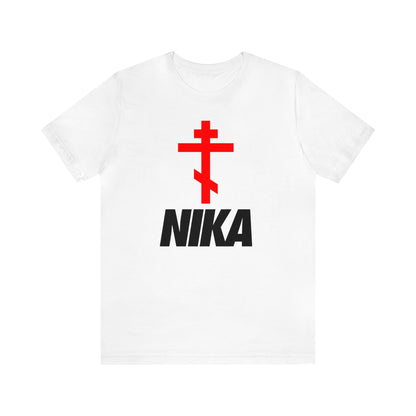 NIKA Red Orthodox Cross Black Text | Orthodox Christian T-Shirt