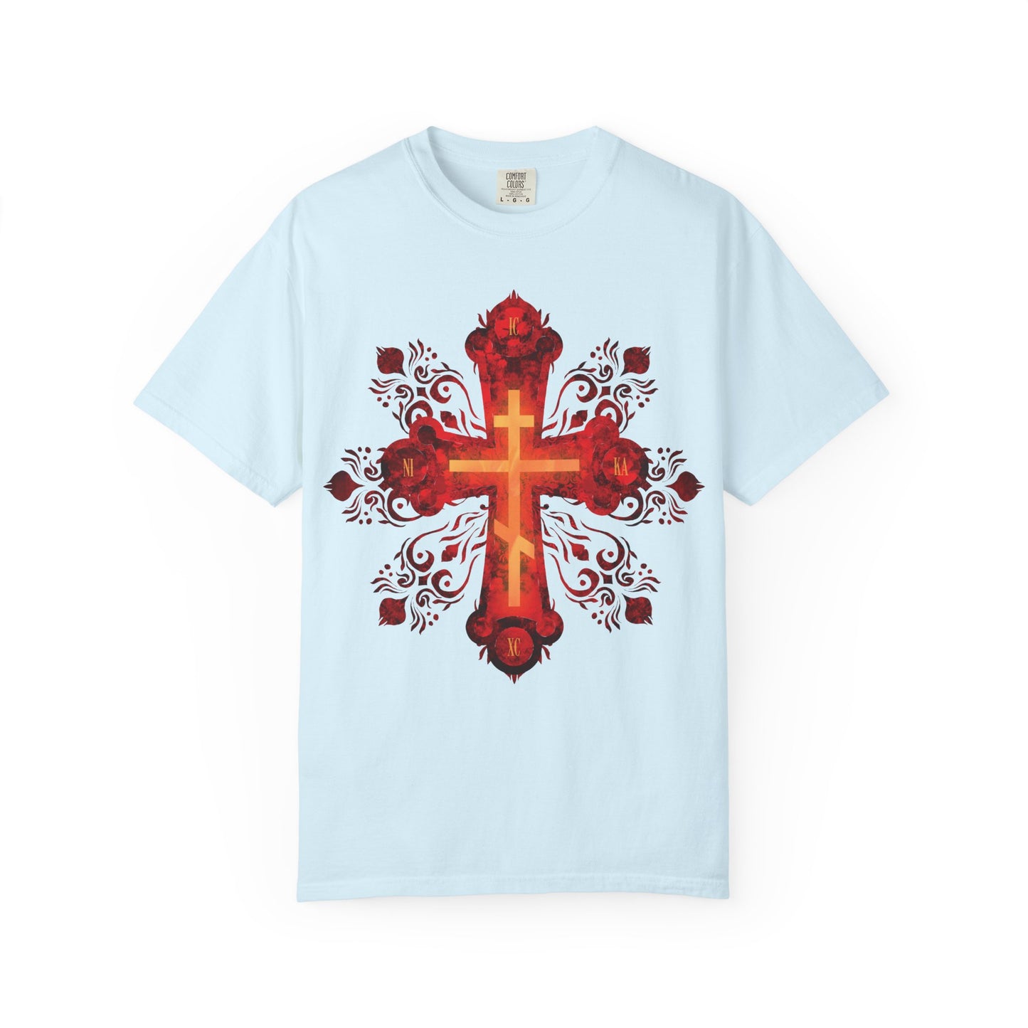 Chambray heavyweight cotton unisex tee featuring a large ornate red and gold Russian-style Orthodox cross with floral motifs at the center, inspired by the journey of a Christian warrior toward our heavenly homeland, and inscribed with "He was pierced for our transgressions.