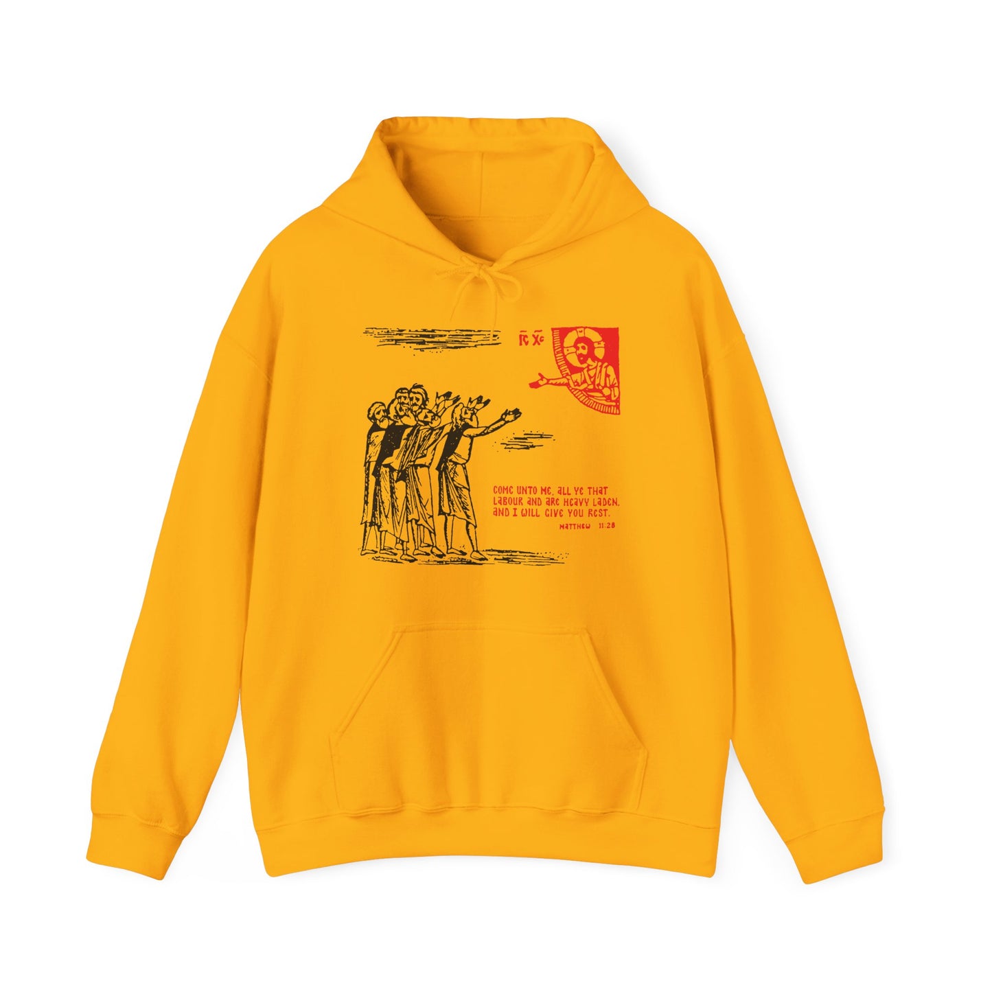 Gold Orthodox hoodie featuring an icono-graphic drawing with English and Chinese text on the front, inspired by Matthew 11:28: “Come Unto Me All Ye That Labour & Are Heavy Laden.”.
