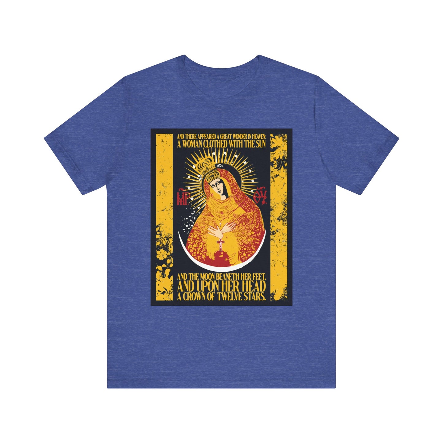 Heather True Royal t-shirt featuring a gold floral design of Our Lady the Gate of Dawn, Woman of the Apocalypse (Rev 12:1), inspired by the uncreated light. Lightweight cotton and unisex fit.