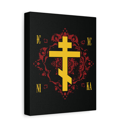 The ICXC NIKA Yellow Russian Cross on Ornate Red Background Canvas displays "Jesus Christ Conquers," blending Orthodox tradition and faith on a striking black canvas—perfect Christian art for inspiring grace.
