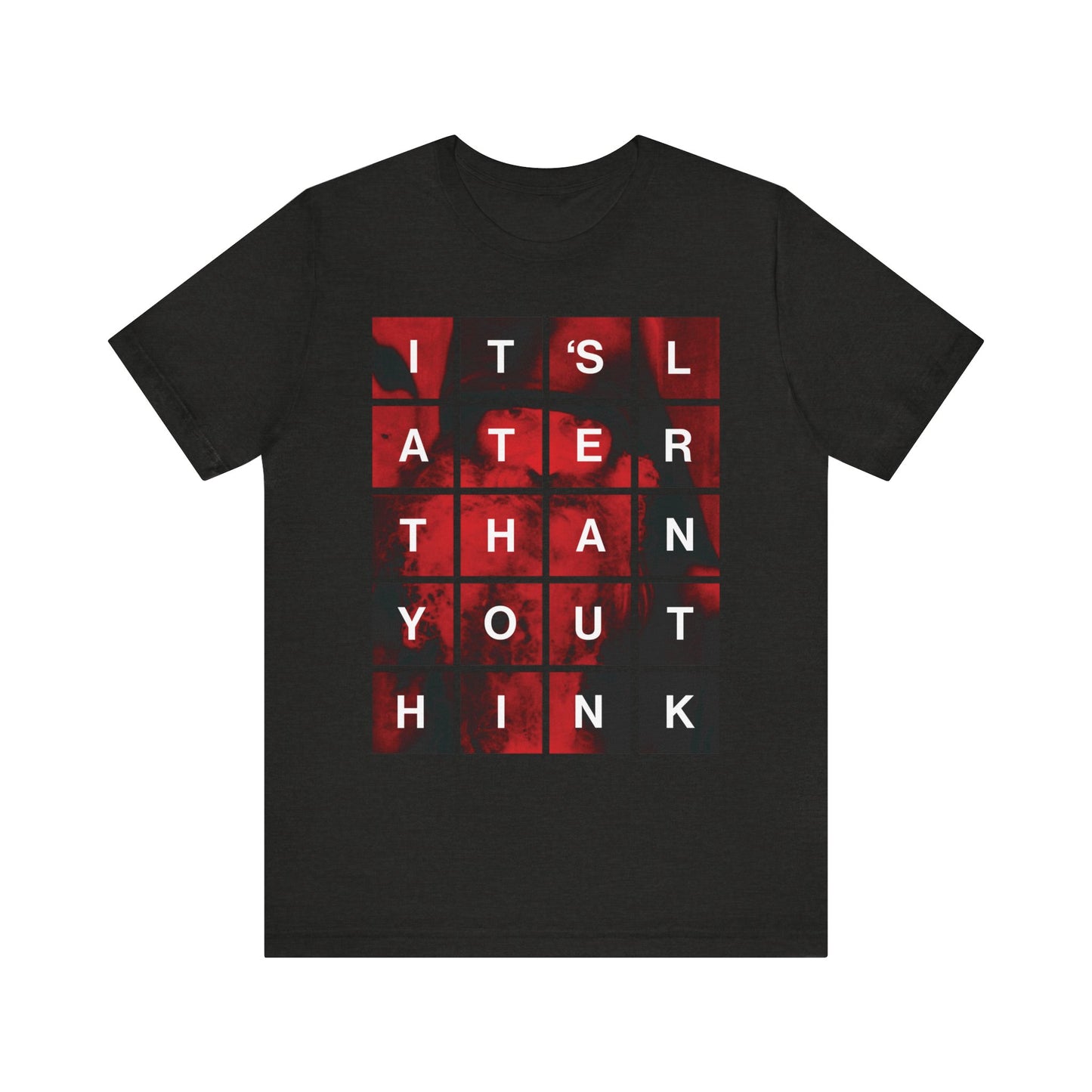 Black Heather "It's Later Than You Think" Lightweight Cotton Unisex Tee featuring a modern block design inspired by St Seraphim Rose—an Orthodox Christian message that powerfully reminds us of the urgency of repentance and the nearness of the Kingdom of God.