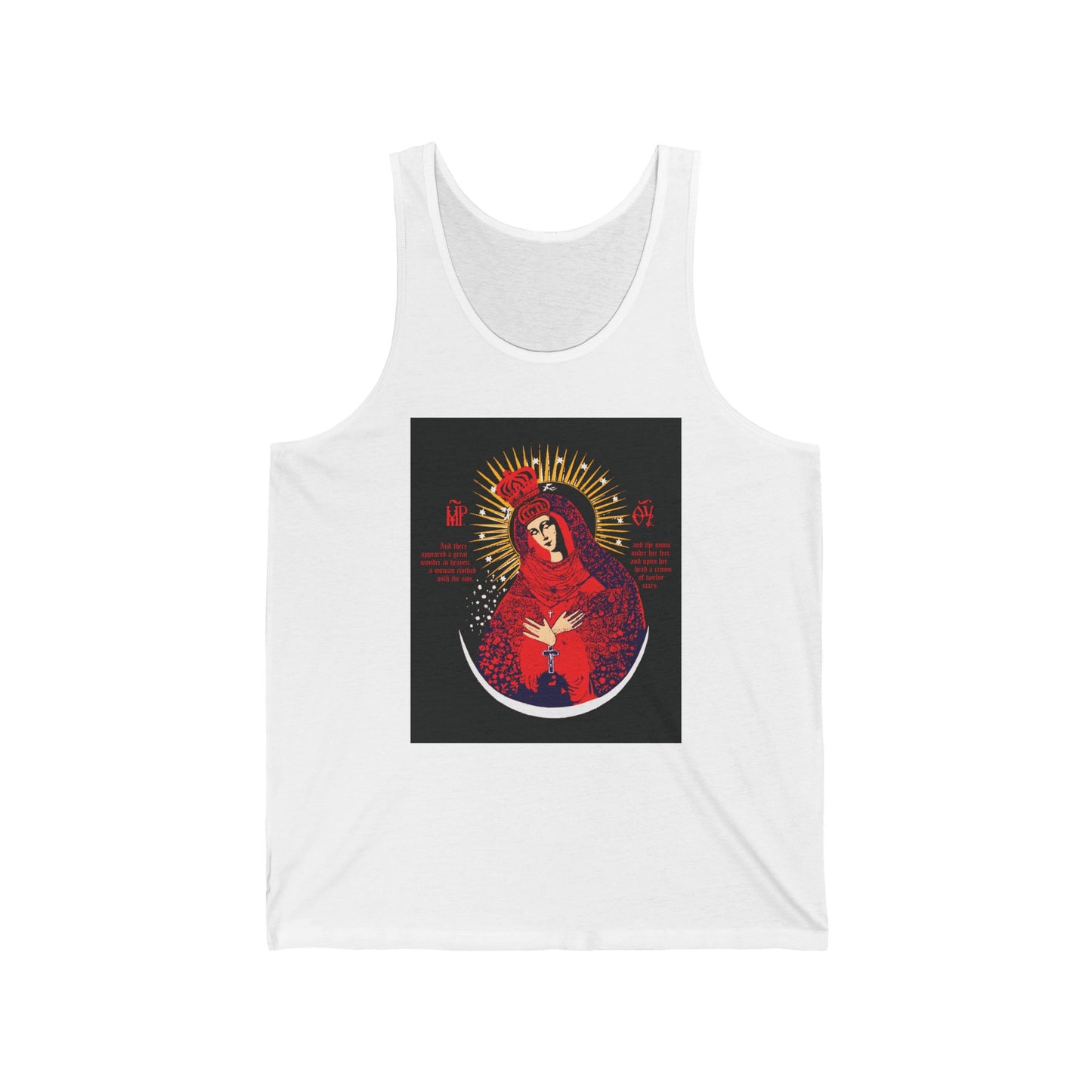 Our Lady the Gate of Dawn Icono-Graphic | Theotokos Crowned | Woman of the Apocalypse | Red Blue & Gold Design | Orthodox Christian Tank Top
