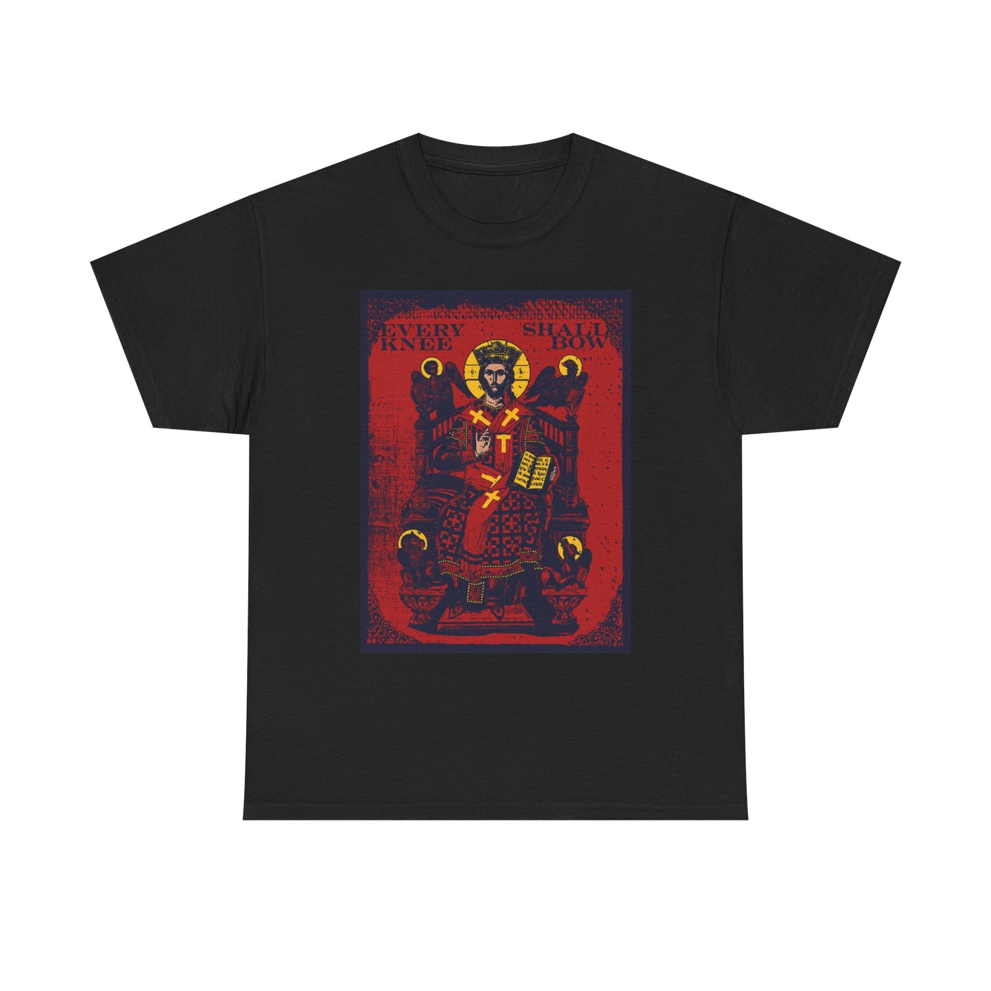 Black "Every Knee Shall Bow" t-shirt with Christ Enthroned iconographic art, Ezekiel's Chariot, and bold red/yellow background— inspired by Phil 2:8-11 & Isaiah 45:23. Heavy cotton Christian tee.