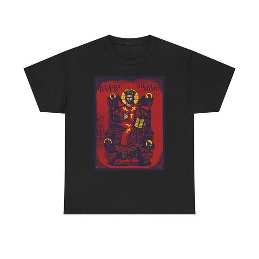 Black "Every Knee Shall Bow" t-shirt with Christ Enthroned iconographic art, Ezekiel's Chariot, and bold red/yellow background— inspired by Phil 2:8-11 & Isaiah 45:23. Heavy cotton Christian tee.