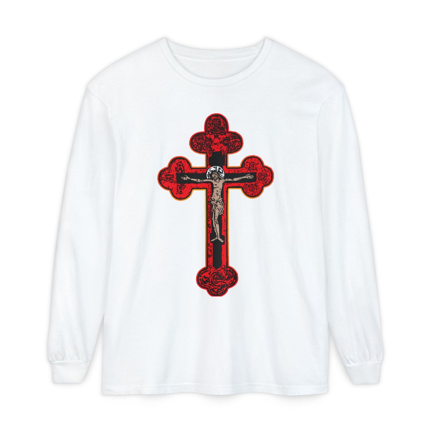 The white long-sleeve cotton shirt, "Red Orthodox Christian Crucifix," features a large Byzantine Golgotha cross with "I Am Crucified With Christ" on the front.