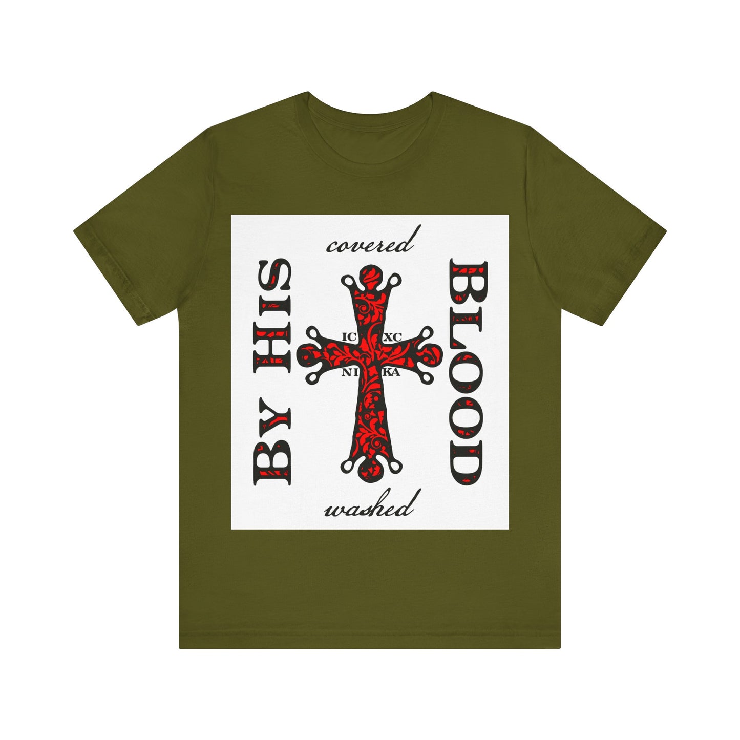 Washed/Covered By His Blood (1 John 1:7) | ICXC NIKA Ornate Red Orthodox Cross | Orthodox Christian Cotton T-Shirt