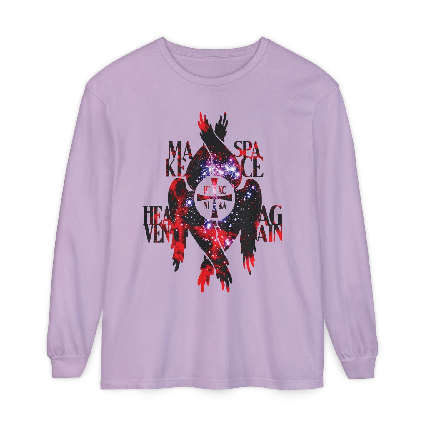 Orchid long-sleeve shirt featuring the "Make Space Heaven Again" design with ICXC NIKA Cross, seraphim wings, and cosmic textured text—a celestial tribute to Orthodox Christian faith and the seven heavens.