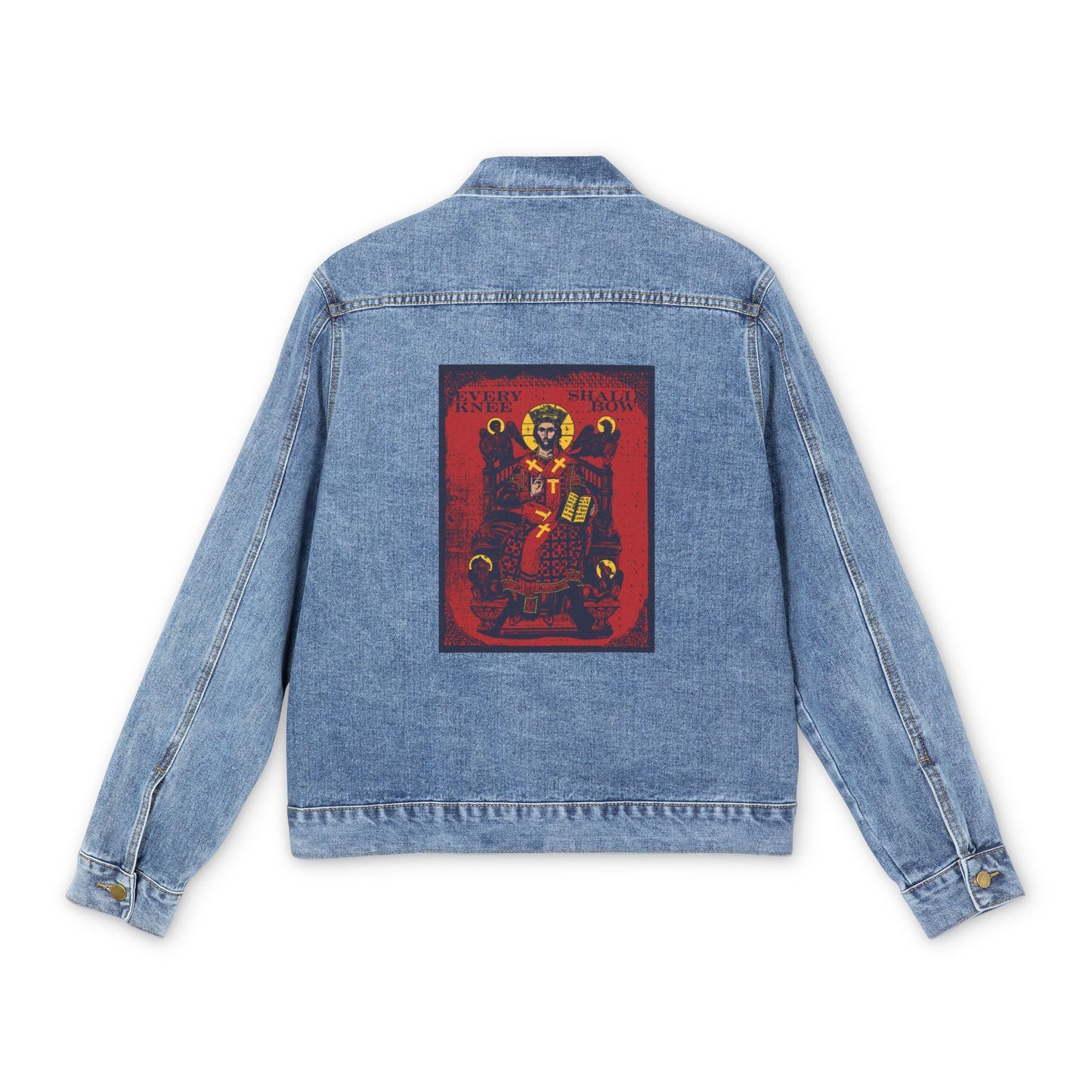 Medium denim wash jean jacket featuring a Christ Enthroned iconographic graphic on the back, inspired by "Every Knee Shall Bow" (Phil 2:8-11, Isaiah 45:23) and Ezekiel's Chariot—an Orthodox Christian statement piece.