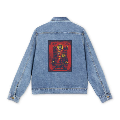 Medium denim wash jean jacket featuring a Christ Enthroned iconographic graphic on the back, inspired by "Every Knee Shall Bow" (Phil 2:8-11, Isaiah 45:23) and Ezekiel's Chariot—an Orthodox Christian statement piece.